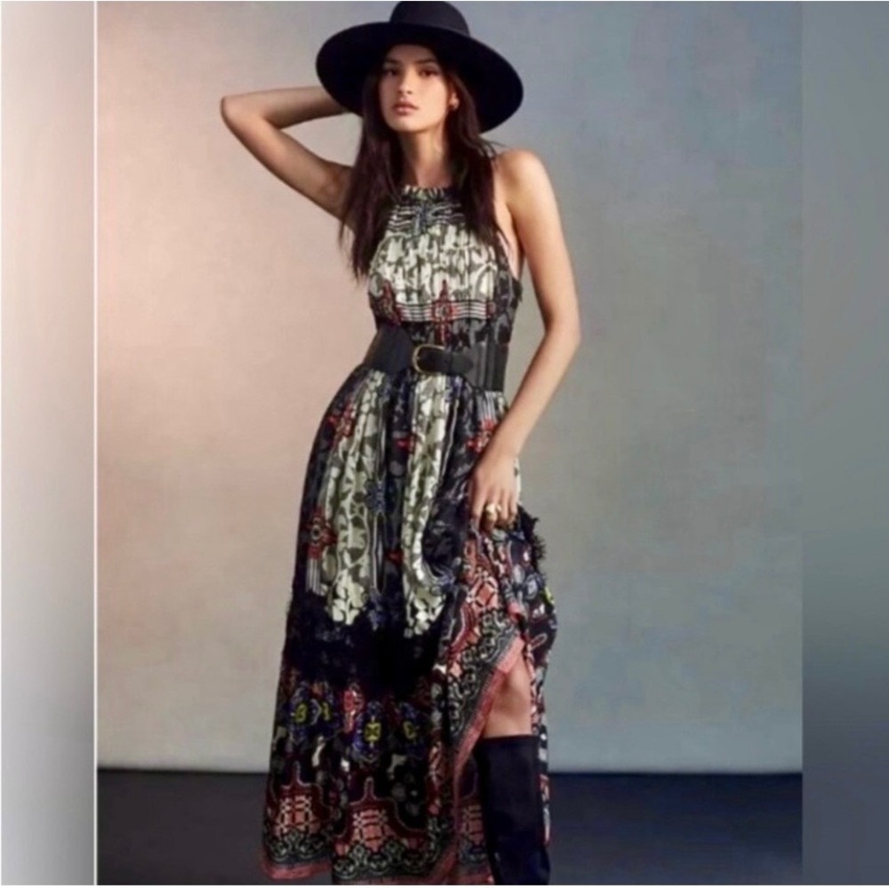 Bhanuni by Jyoti Anthropologie Mixed Print Smocked Maxi Dress Size 6 Boho Rayon